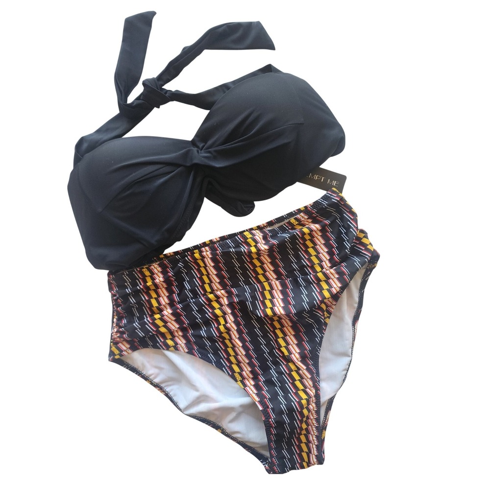 Tempt Me Bikini Set Black Push Up Halter Top High Waisted 283‎ Geometric  L NEW